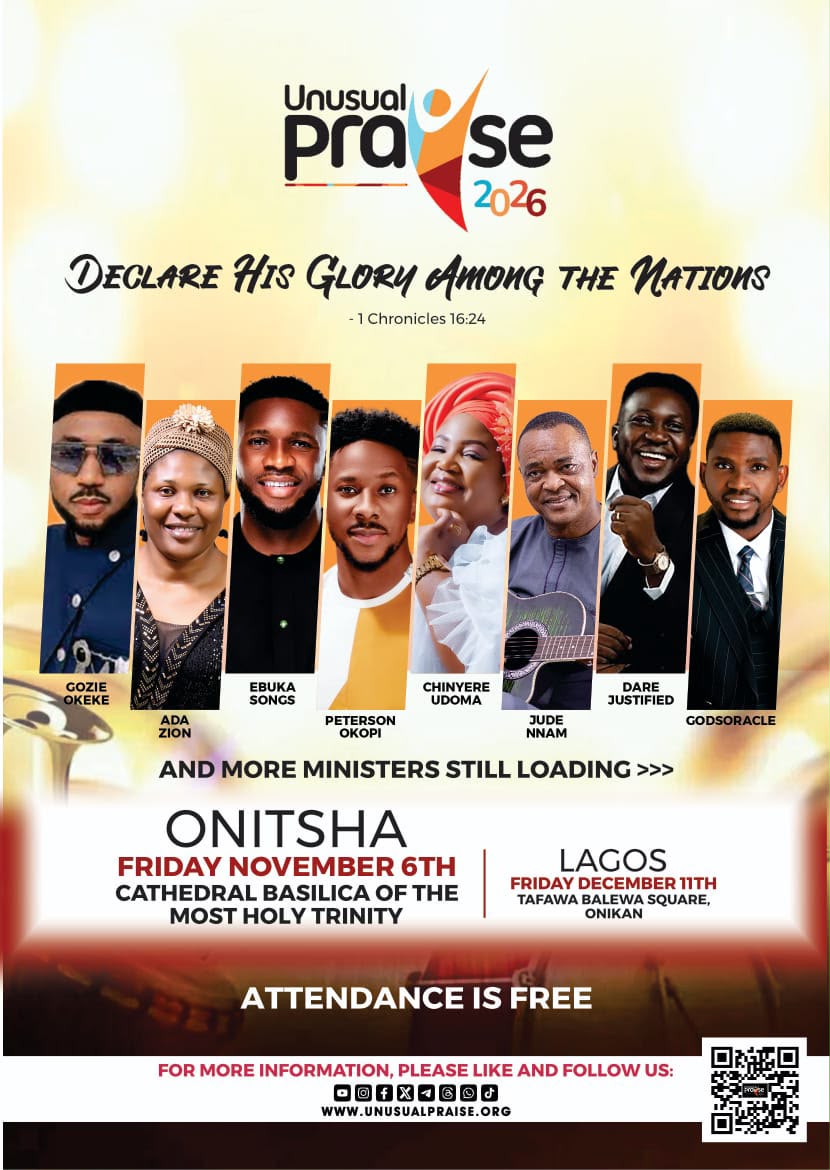 Unusual Praise 2026 event banner featuring the Onitsha and Lagos event dates, venues and ministers